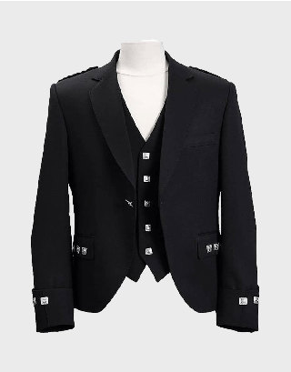 MEN'S BLACK SCOTTISH TRADITIONAL ARGYLE KILT JACKET &VEST