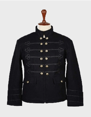 MEN'S BLACK WOOL NAPOLIAN STYLE RENAISSANCE MILITARY ZIPPER JACKET