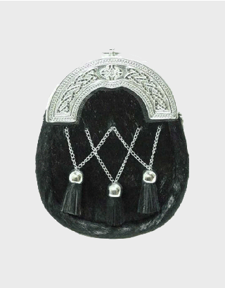 CHROME PLAIN CELTIC BLACK CALFSKIN WITH CROSSED TASSELS SPORRANS