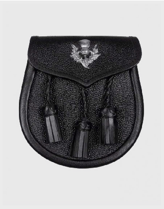 BLACK LEATHER KILT SPORRAN WITH THISTLE EMBLEM