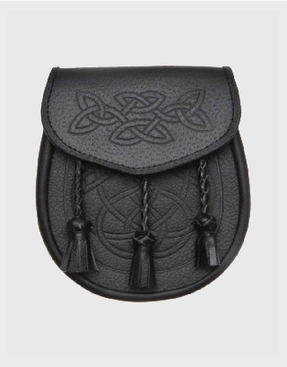 CELTIC INTERWEAVE WOVEN TASSEL BLACK LEATHER KILT SPORRAN