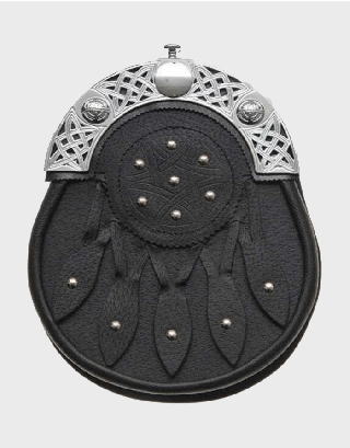 CELTIC KNOT AND STUDDED TARGE BLACK LEATHER SPORRAN
