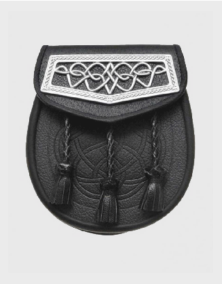 BLACK LEATHER CELTIC INTERWEAVE PLATE KILT SPORRAN