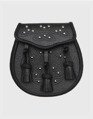 BLACK LEATHER CELTIC EMBOSSED STUDDED LEATHER KILT  SPORRAN