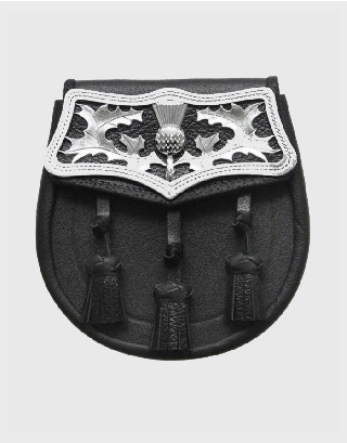 BLACK LEATHER LARGE THISTLE PLATE KILT SPORRAN