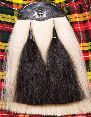 NEW BLACK AND WHITE LEATHER CANTLE CHROME HORSE HAIR SPORRANS