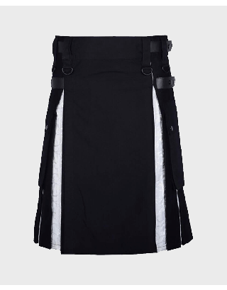 MODERN HYBRID BLACK AND WHITE BROCADE PLEATS MEN'S KILT