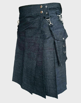 BLACK DENIM UTILITY KILT WITH DETACHABLE POCKET