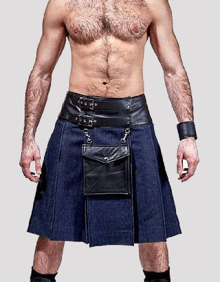 BLUE DENIM LEATHER KILT WITH LEATHER POUCH