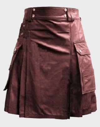 MEN'S BROWN LEATHER KILT WITH CARGO POCKETS