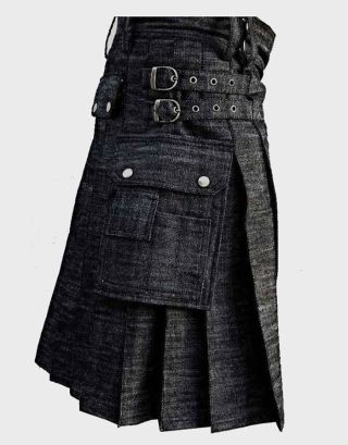 NEW BLACK MENS DENIM UTILITY KILT