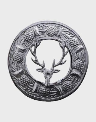 Stag Head Silver Fly Plaid Brooch